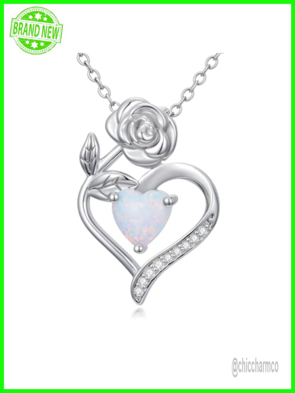 925 Sterling Silver Heart Opal Diamond Necklace 18+2 Inch Women Pendant